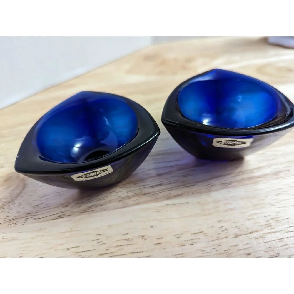 Nuutajarvi‎ Finland glass cobalt blue tea voltive candle holders round triangle